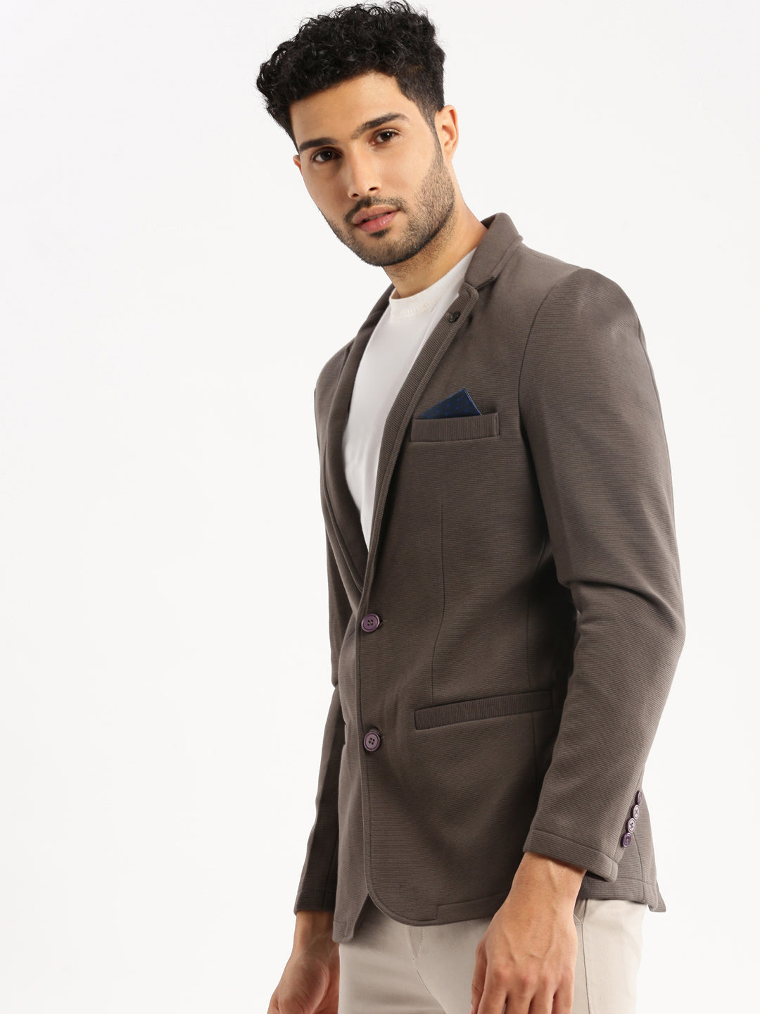 Men Grey Solid Notched Lapel Blazer