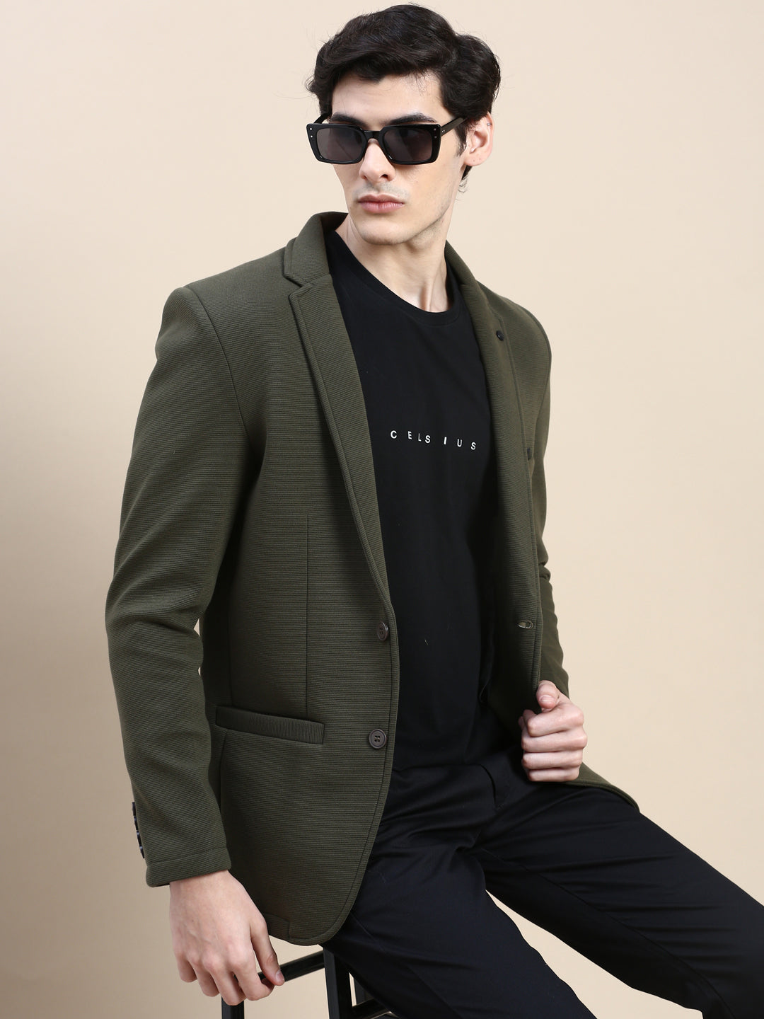 Men Green Solid Casual Blazers