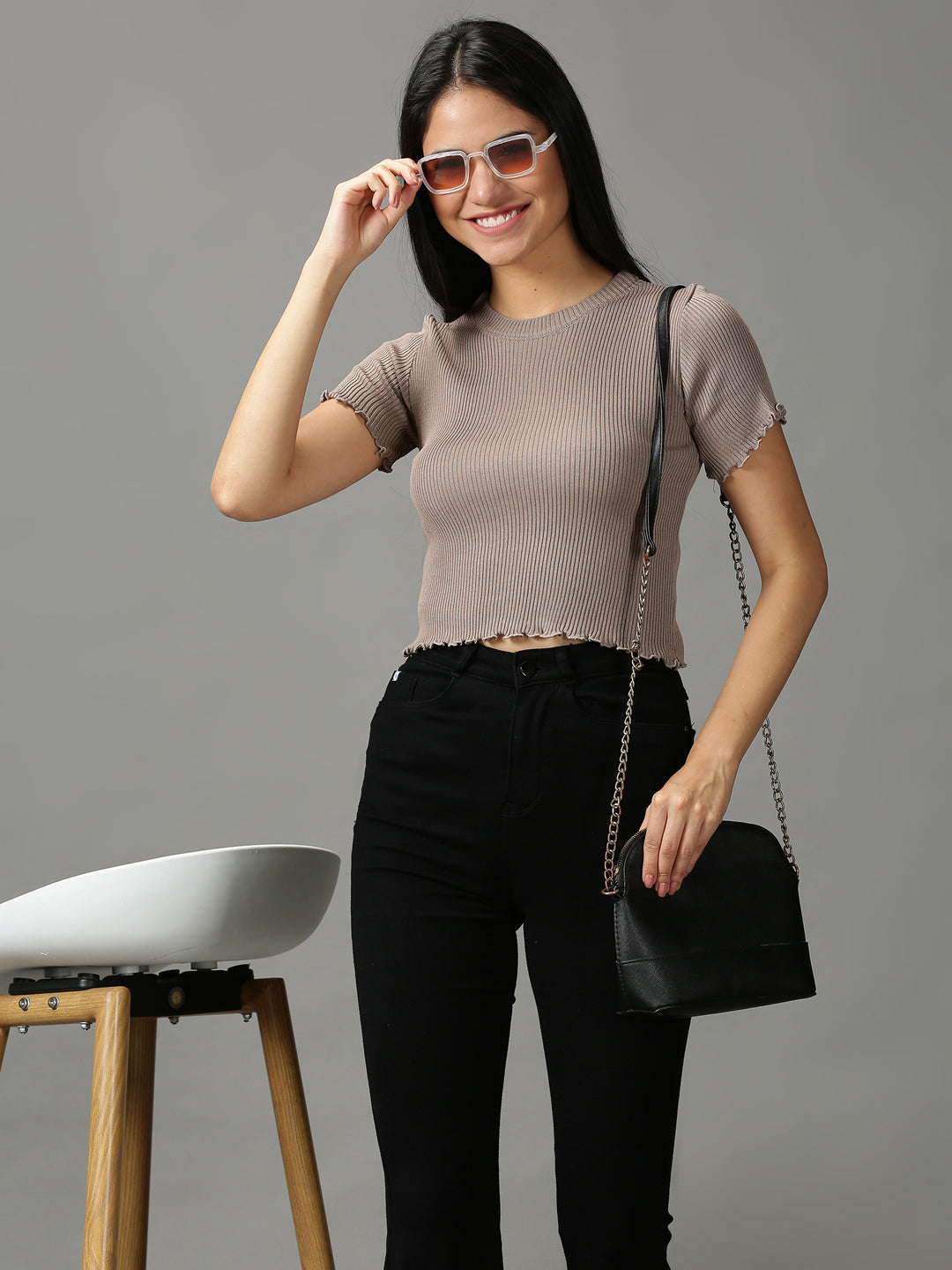 Women's Grey Solid Fitted Crop Top