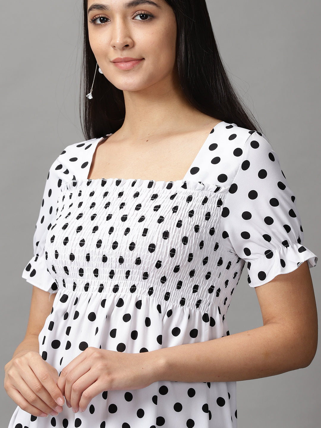Women's White Polka Dots Fit and Flare Dress