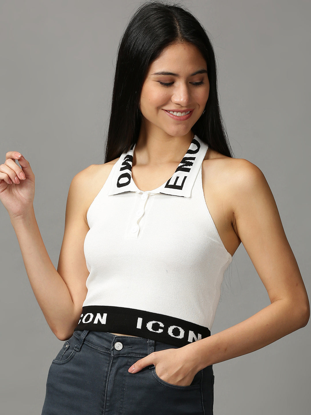 Women's White Solid Fitted Crop Top
