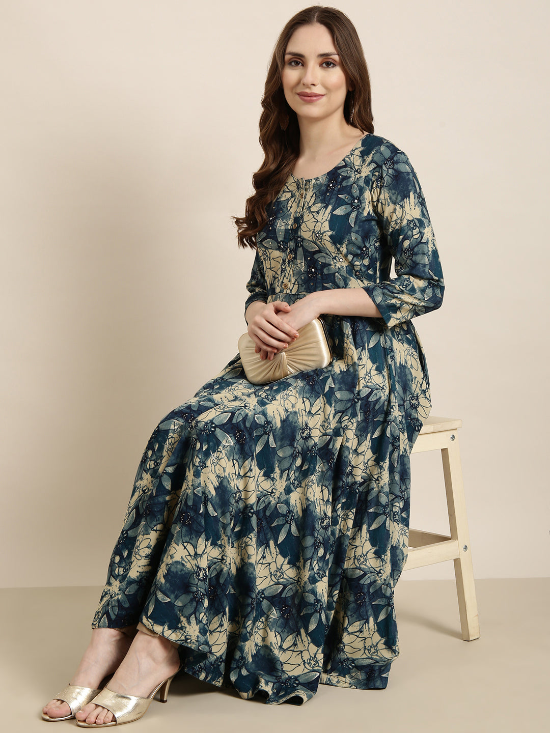 Women Anarkali Blue Floral Kurta