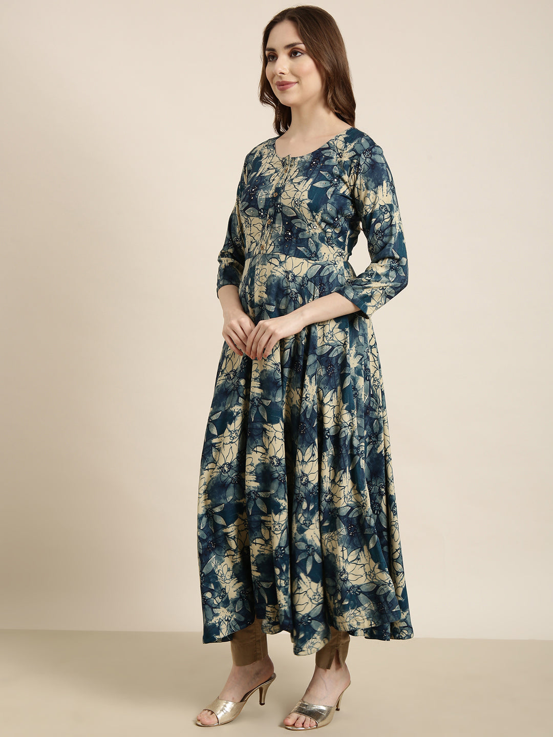 Women Anarkali Blue Floral Kurta