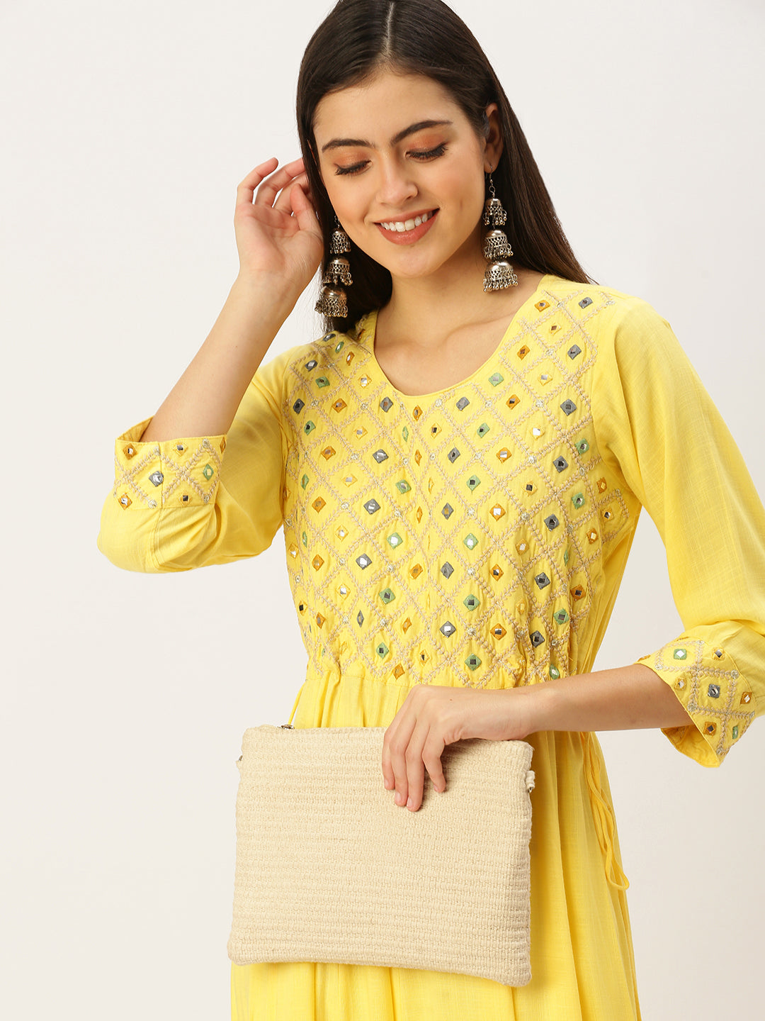 Women's Yellow Embroidered Anarkali Kurtas