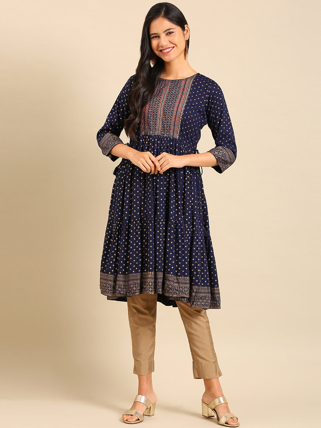 Women's Navy Blue Printed Anarkali Kurta