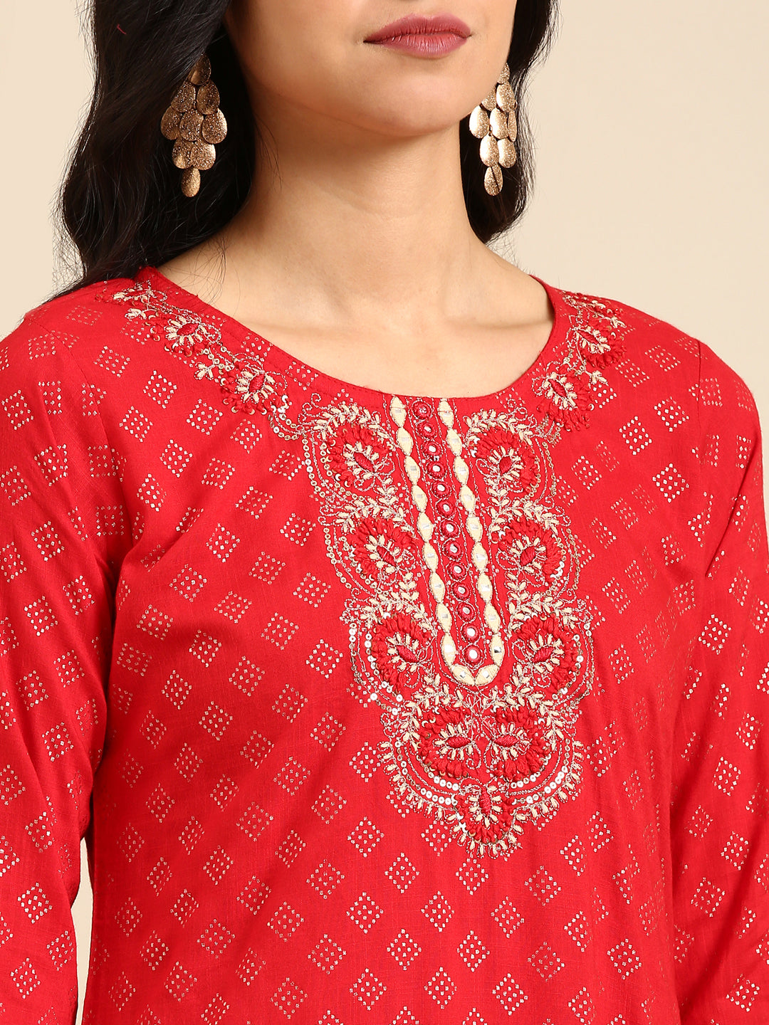 Women's Red Embroidered Straight Kurta
