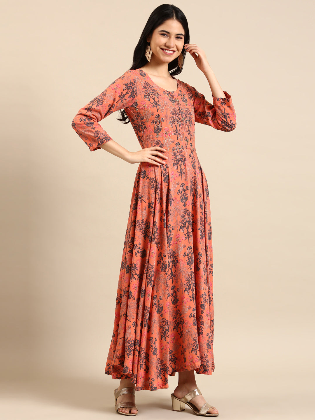 Women's Orange Printed Anarkali Kurta