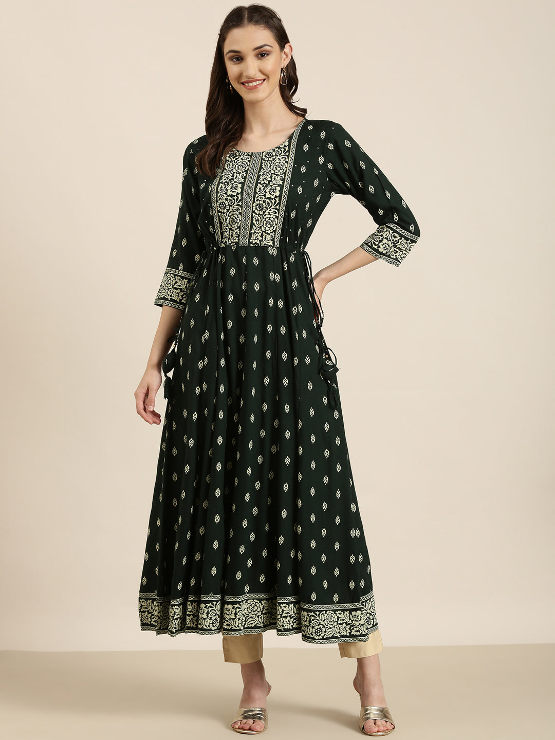 Women Green Floral Anarkali Kurta