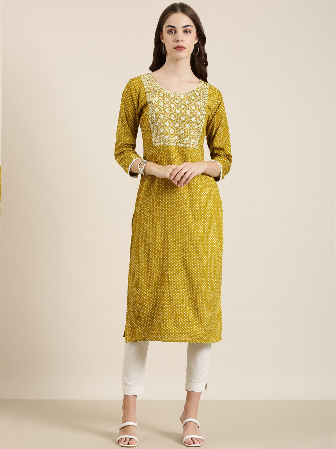 Women Mustard Geometrical Straight Kurta