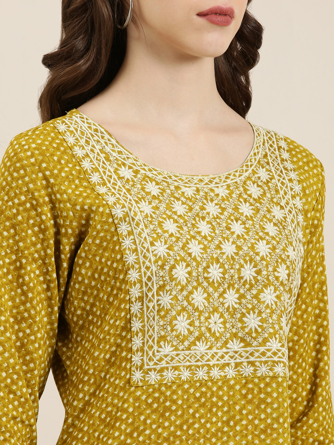 Women Mustard Geometrical Straight Kurta