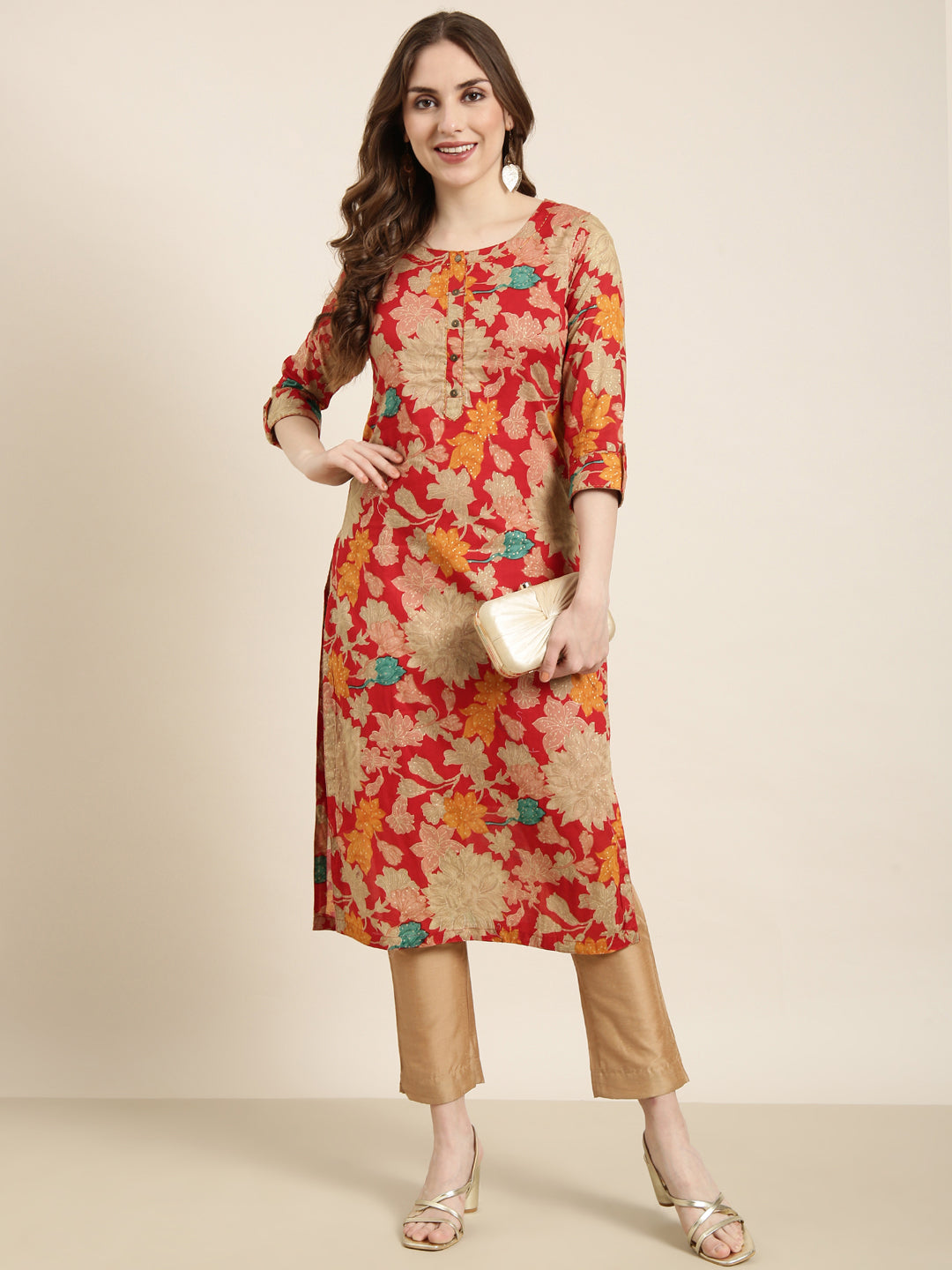 Women Straight Red Floral Kurta