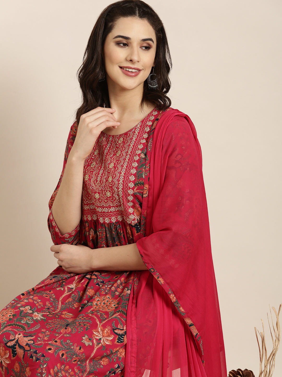 Women A-Line Pink Floral Kurta and Trousers Set Comes With Dupatta