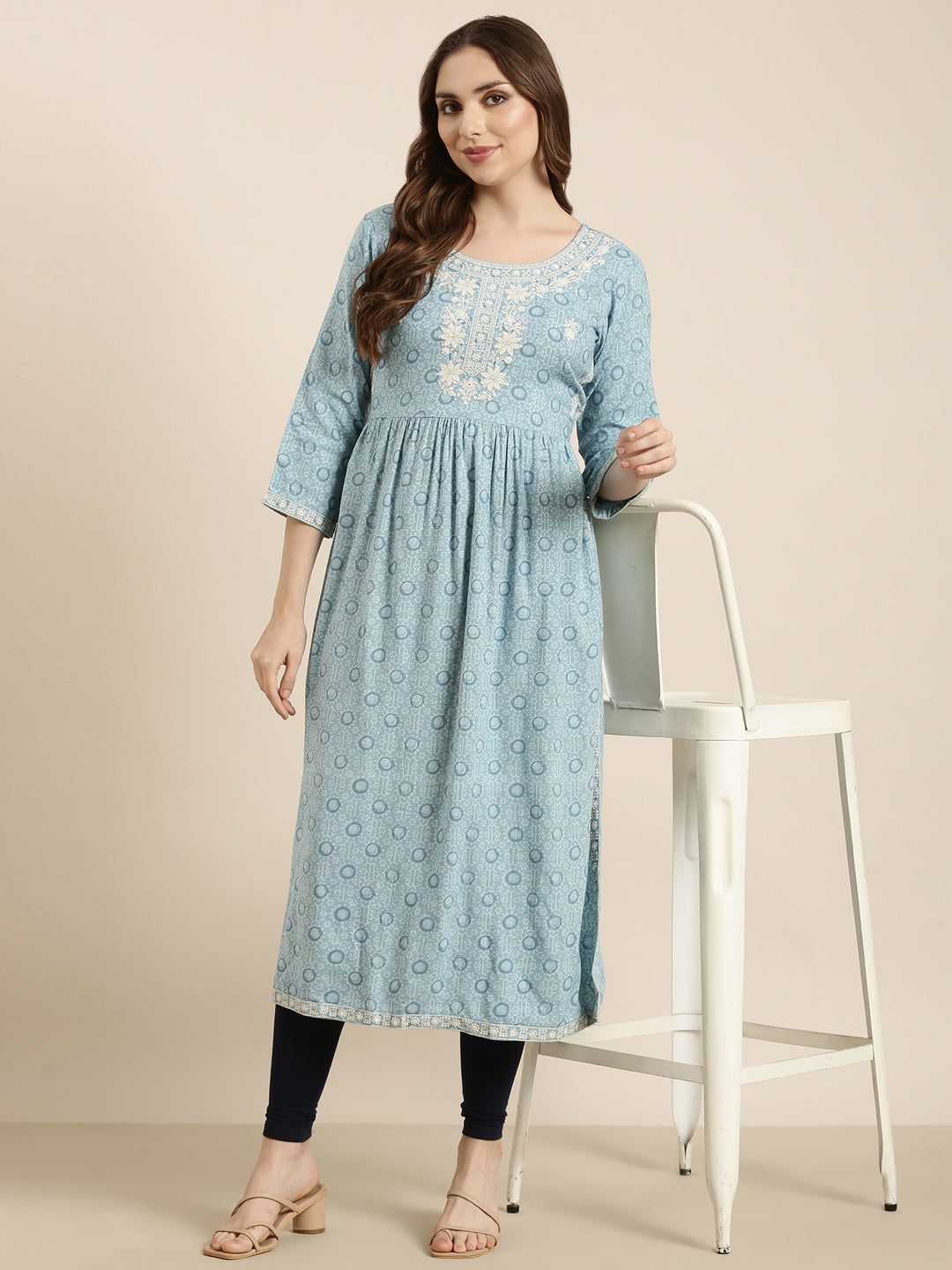 Women Straight Blue Floral Kurta