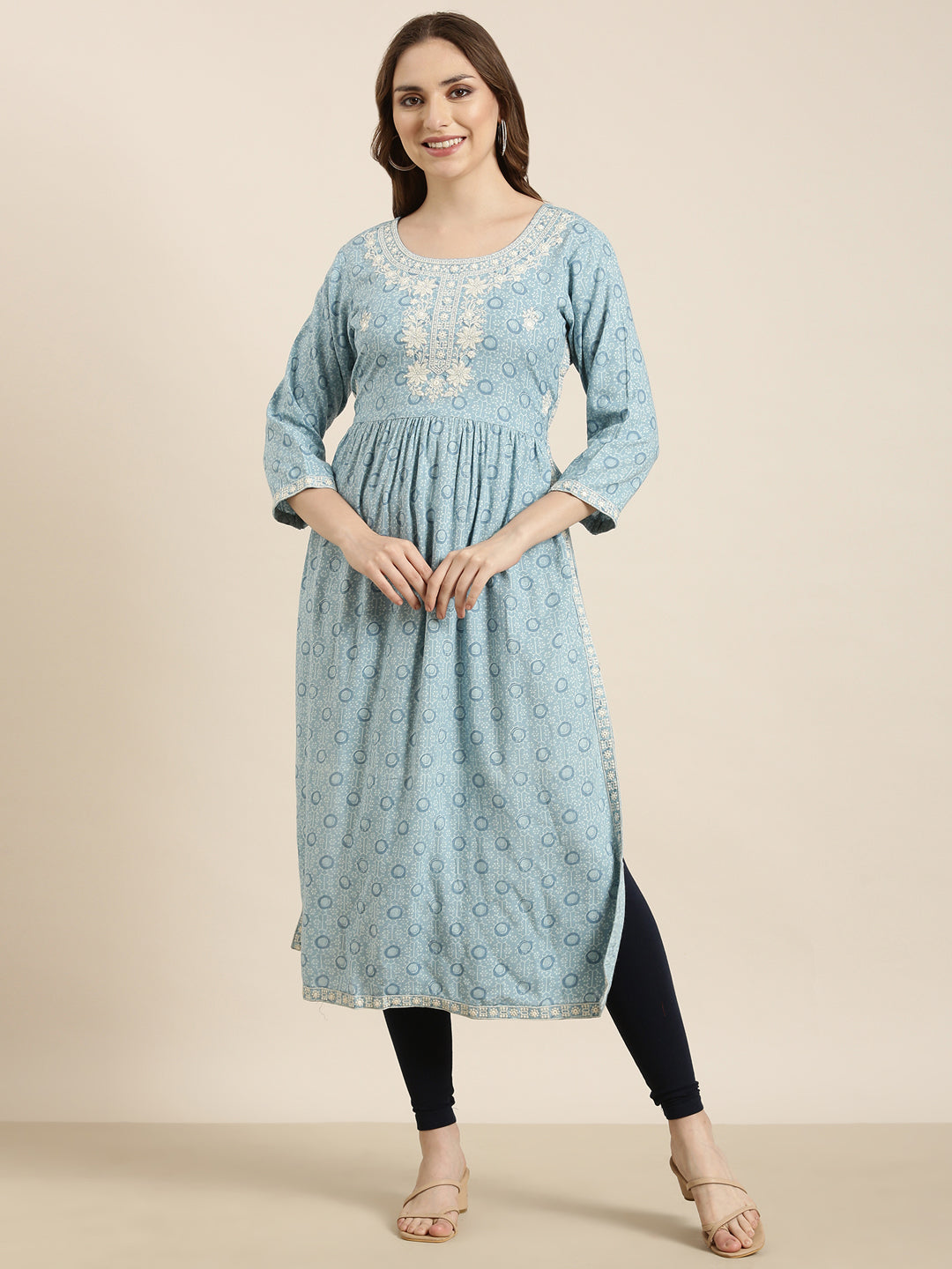 Women Straight Blue Floral Kurta