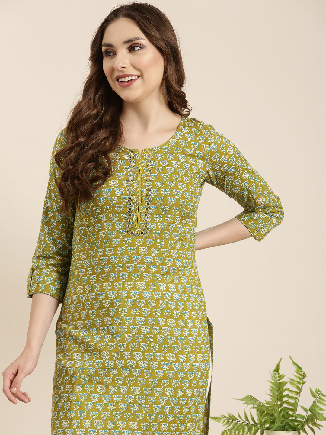 Women Straight Green Floral Kurta