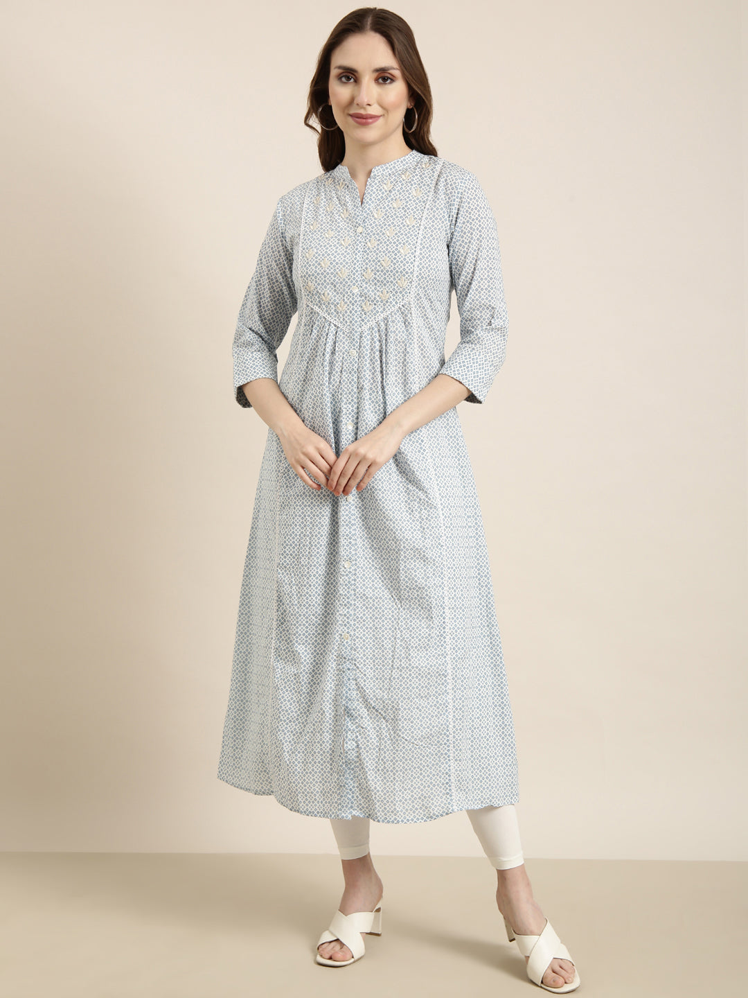 Women Straight Blue Geometric Kurta