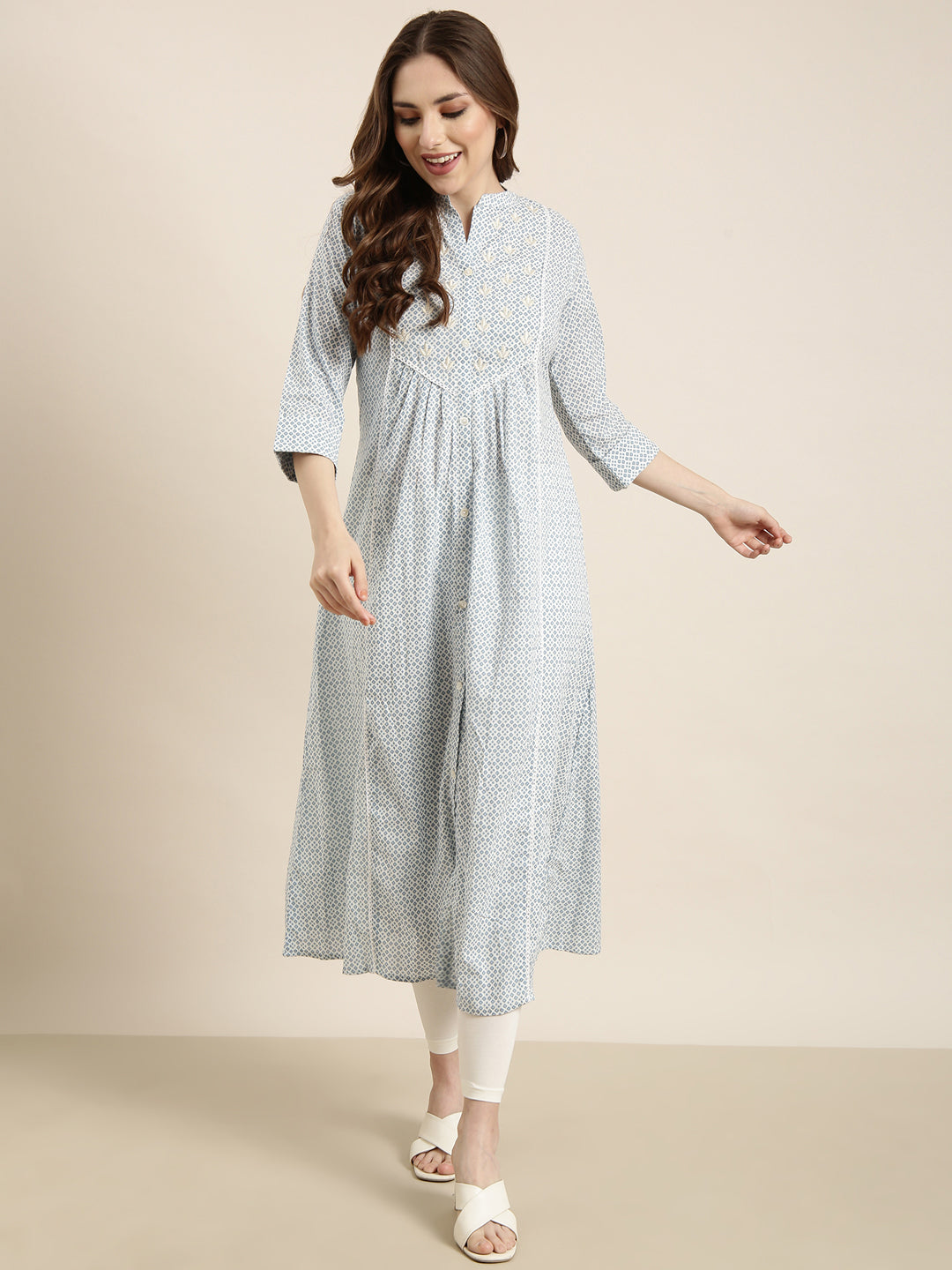 Women Straight Blue Geometric Kurta