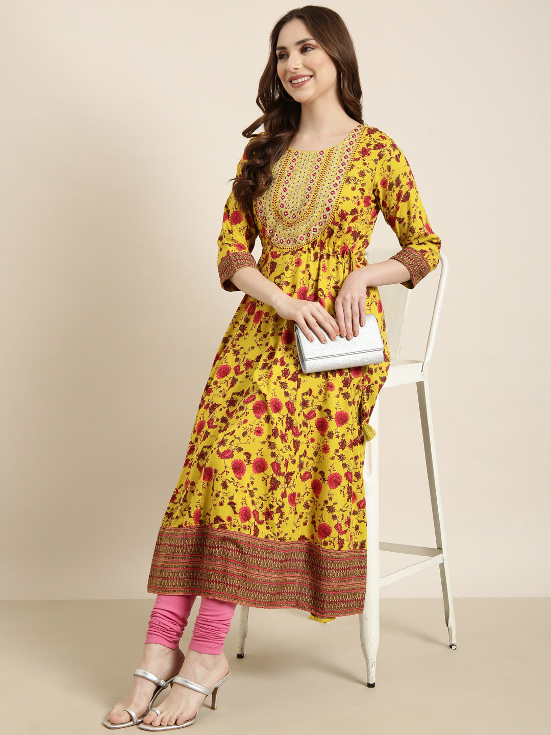 Women Anarkali Yellow Floral Kurta