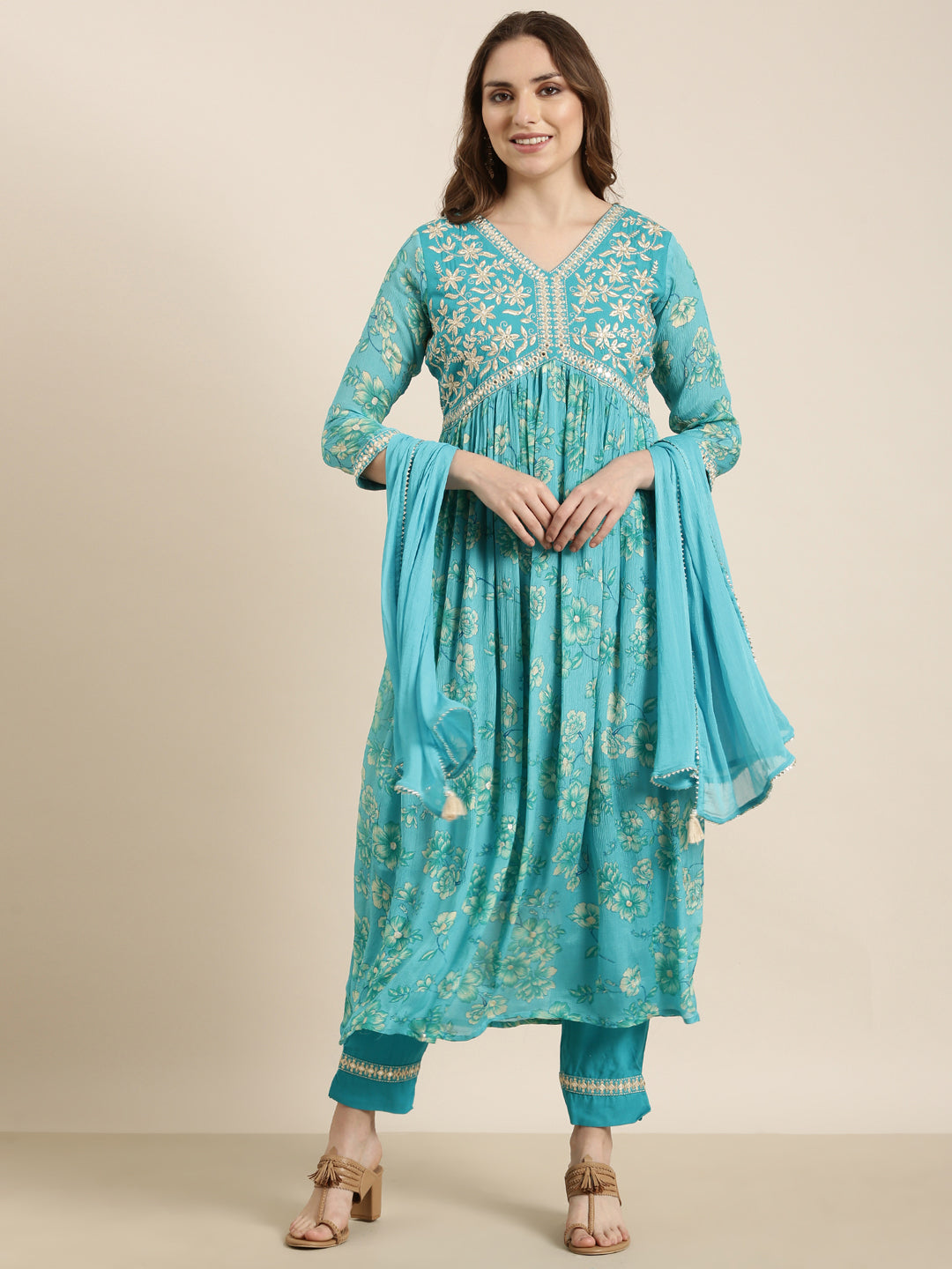 Women Anarkali Blue Floral Kurta and Trousers Set Comes With Dupatta
