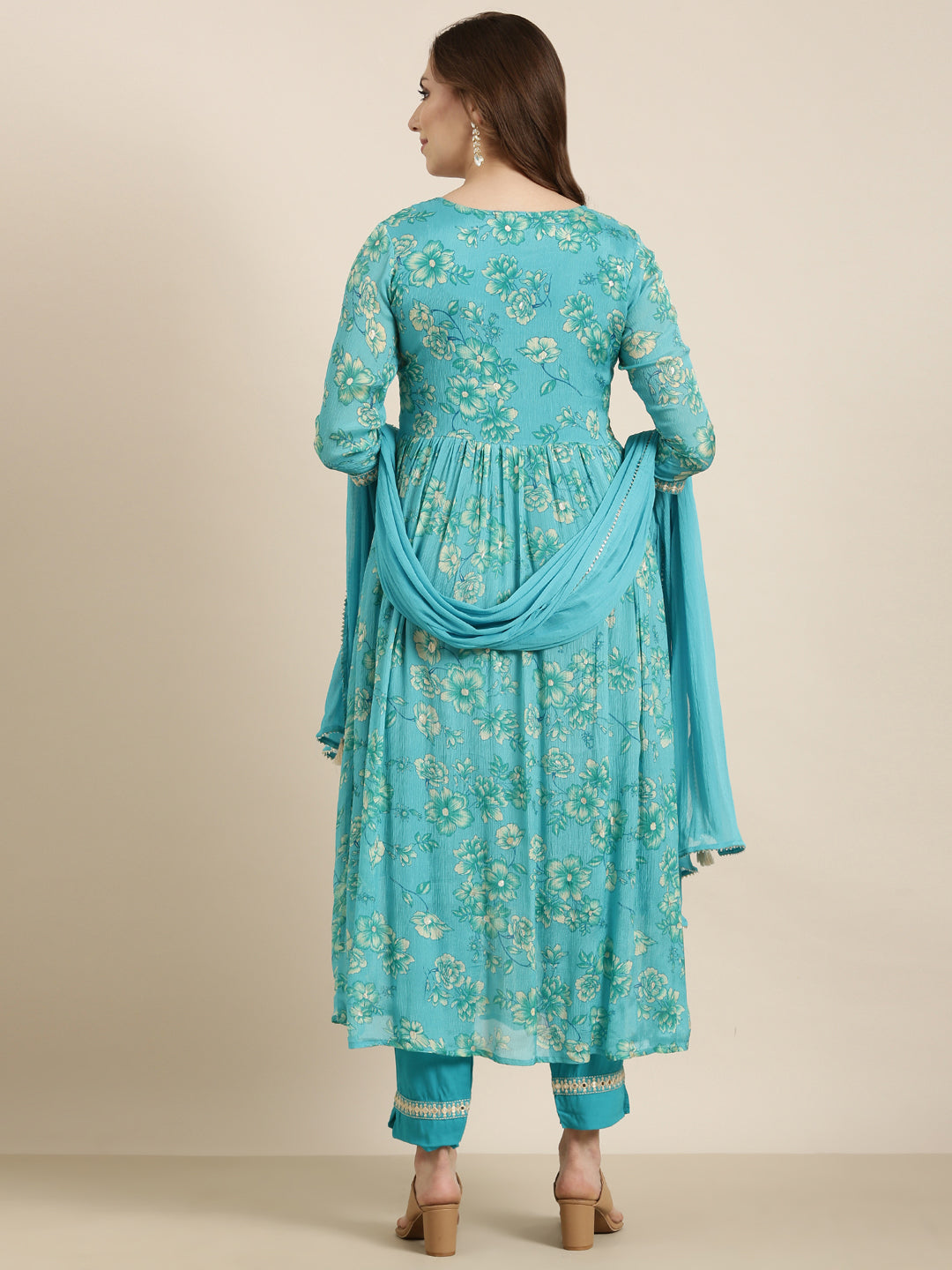 Women Anarkali Blue Floral Kurta and Trousers Set Comes With Dupatta