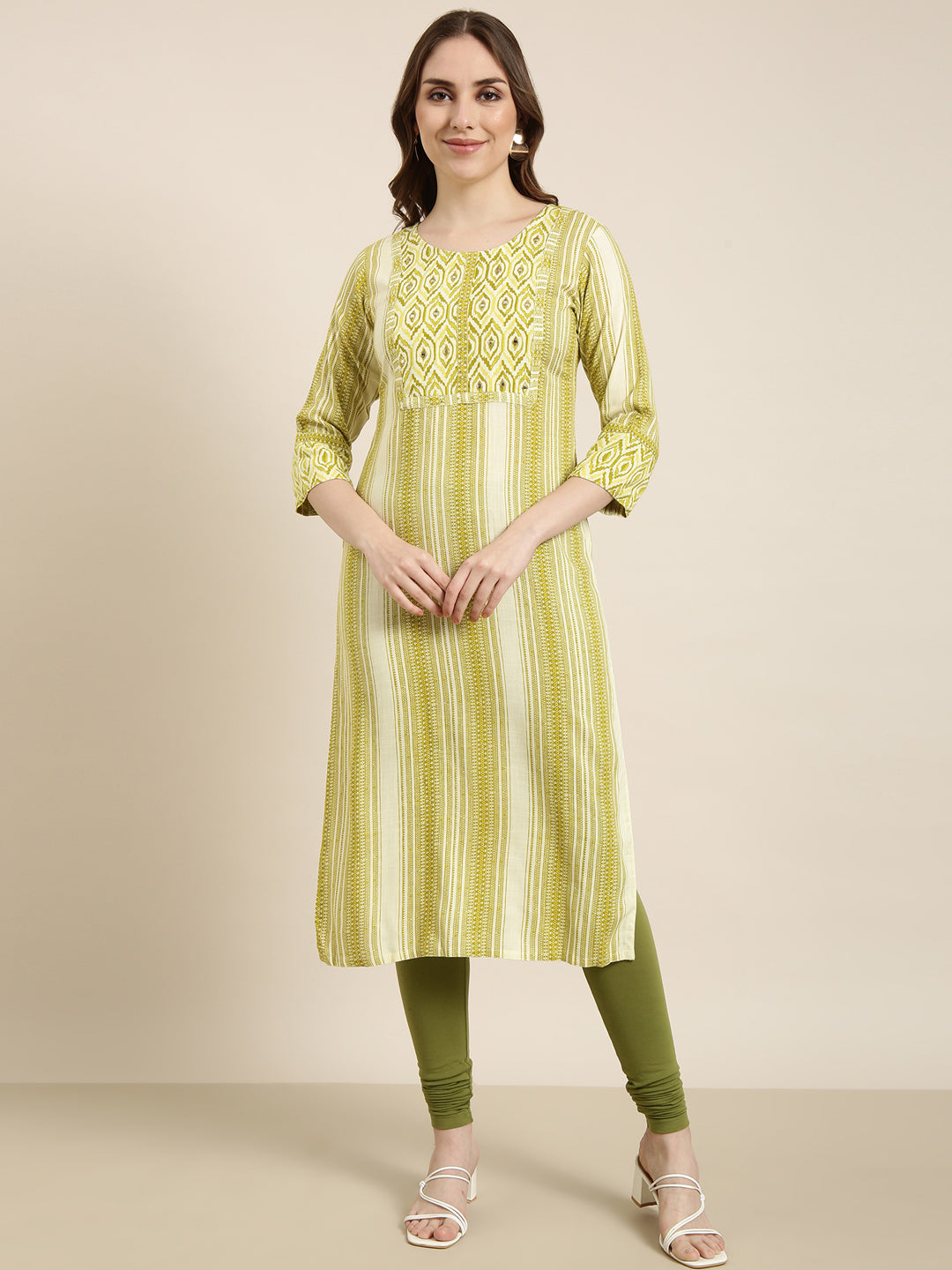 Women Straight Green Striped Kurta