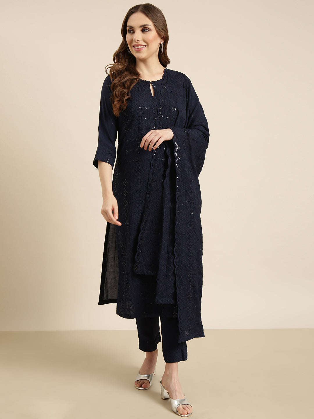 Women Straight Navy Blue Solid Kurta and Trousers Set Comes With Dupatta