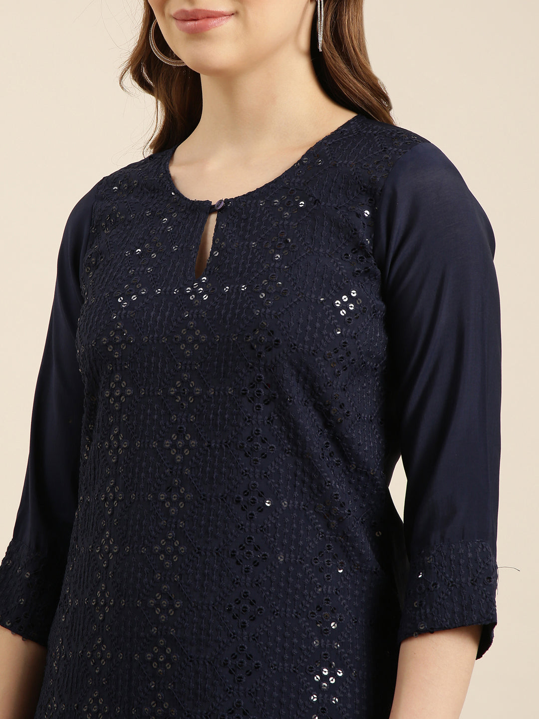 Women Straight Navy Blue Solid Kurta and Trousers Set Comes With Dupatta