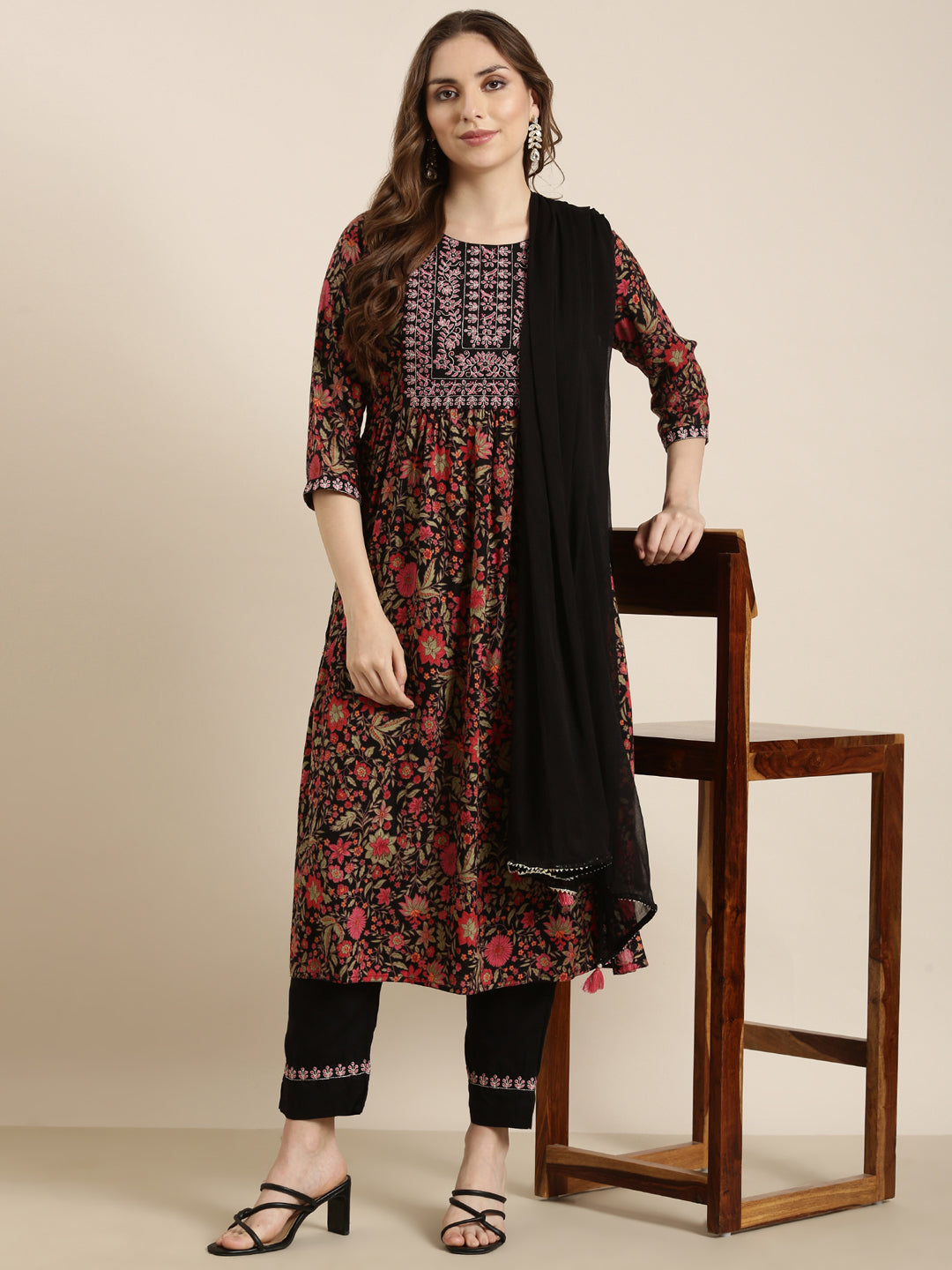Women A-Line Black Floral Kurta and Trousers Set Comes With Dupatta