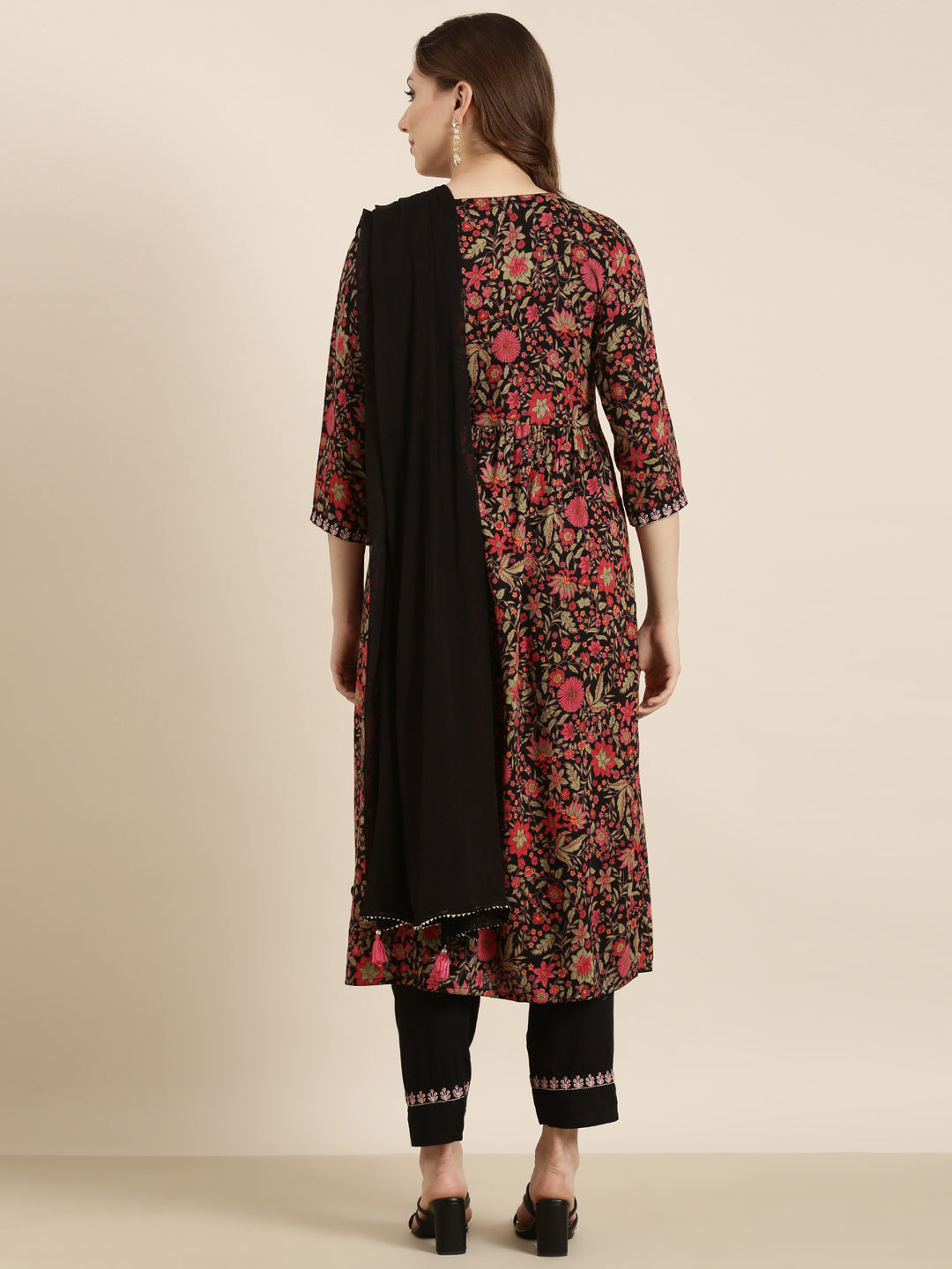 Women A-Line Black Floral Kurta and Trousers Set Comes With Dupatta