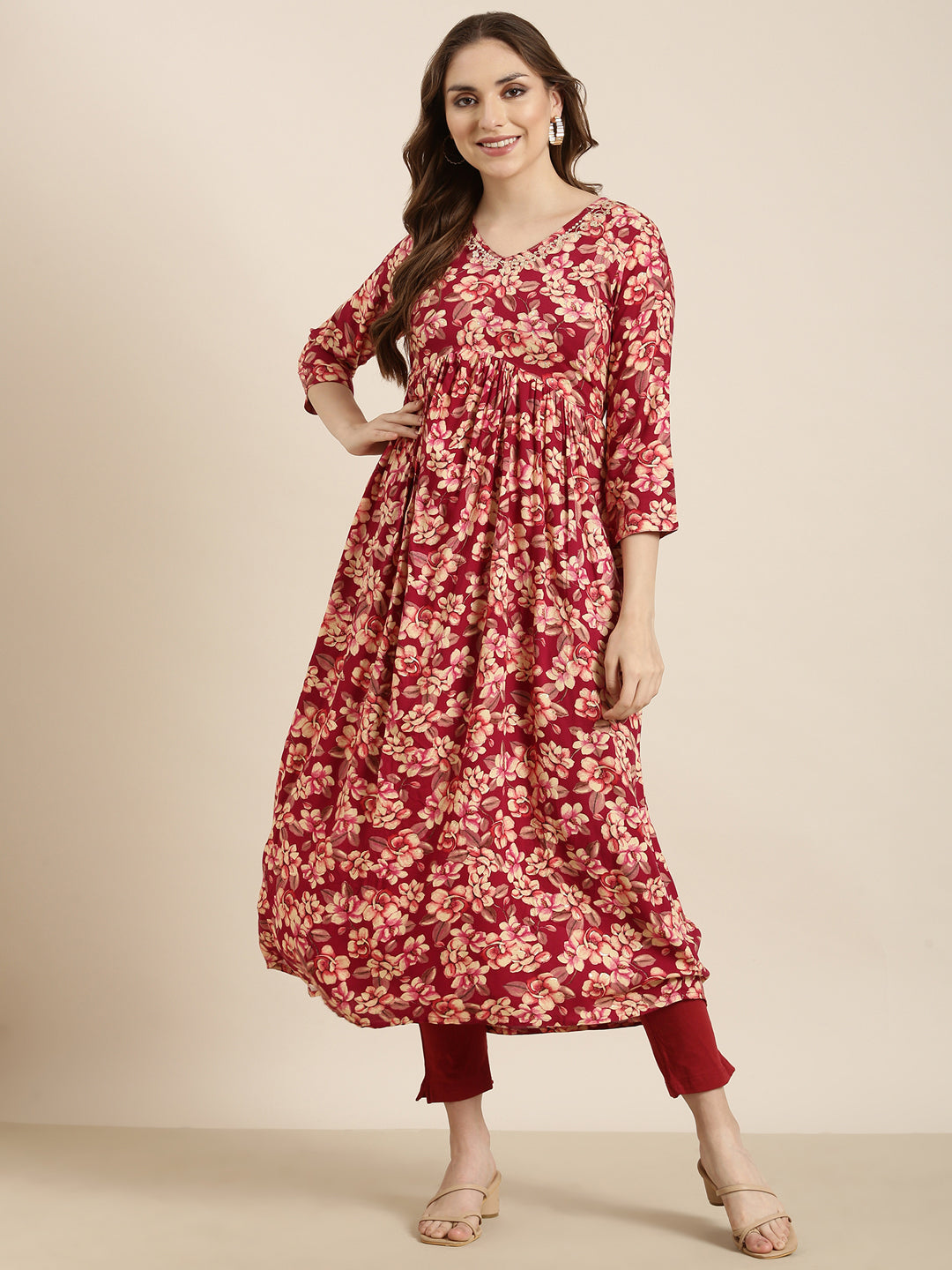 Women Anarkali Pink Floral Kurta