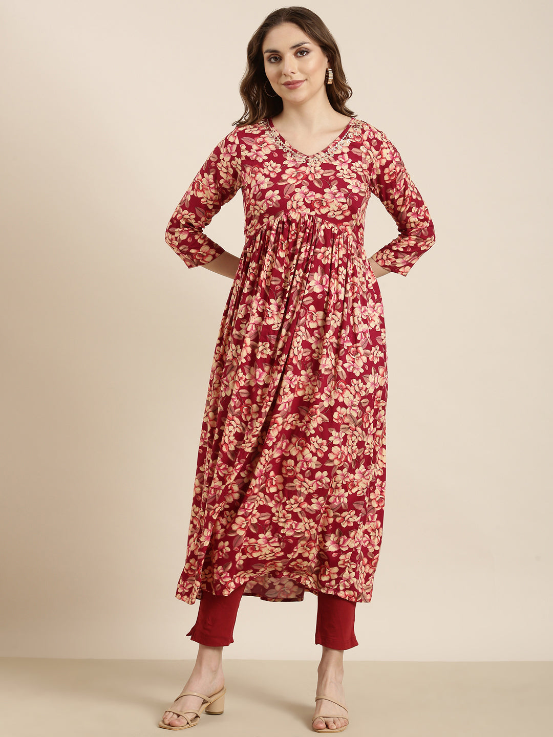 Women Anarkali Pink Floral Kurta