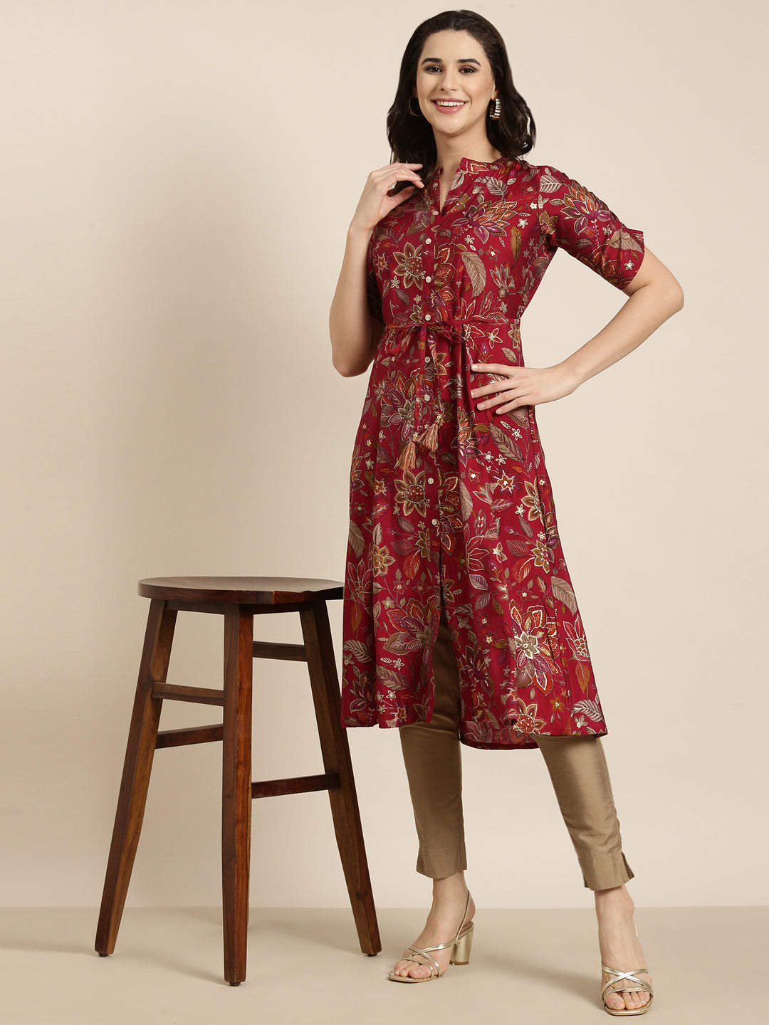 Women A-Line Maroon Floral Kurta