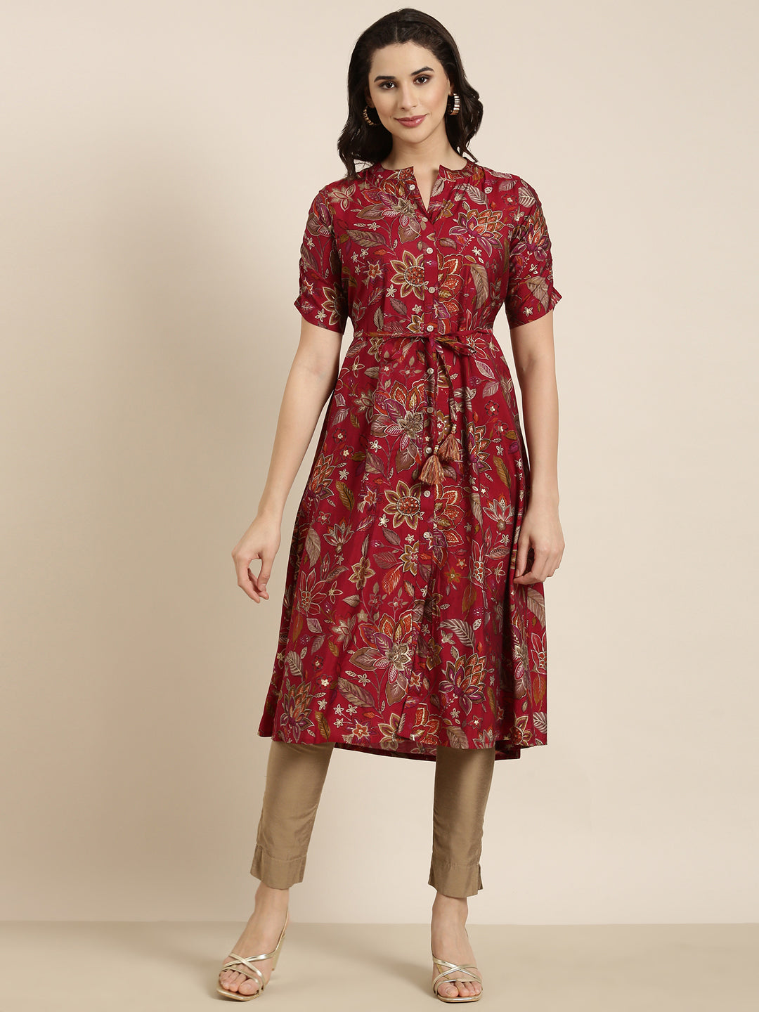 Women A-Line Maroon Floral Kurta