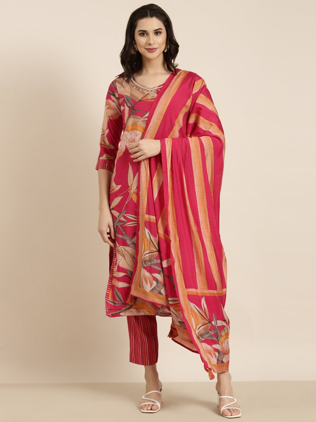 Women Straight Pink Floral Kurta and Trousers Set Comes With Dupatta