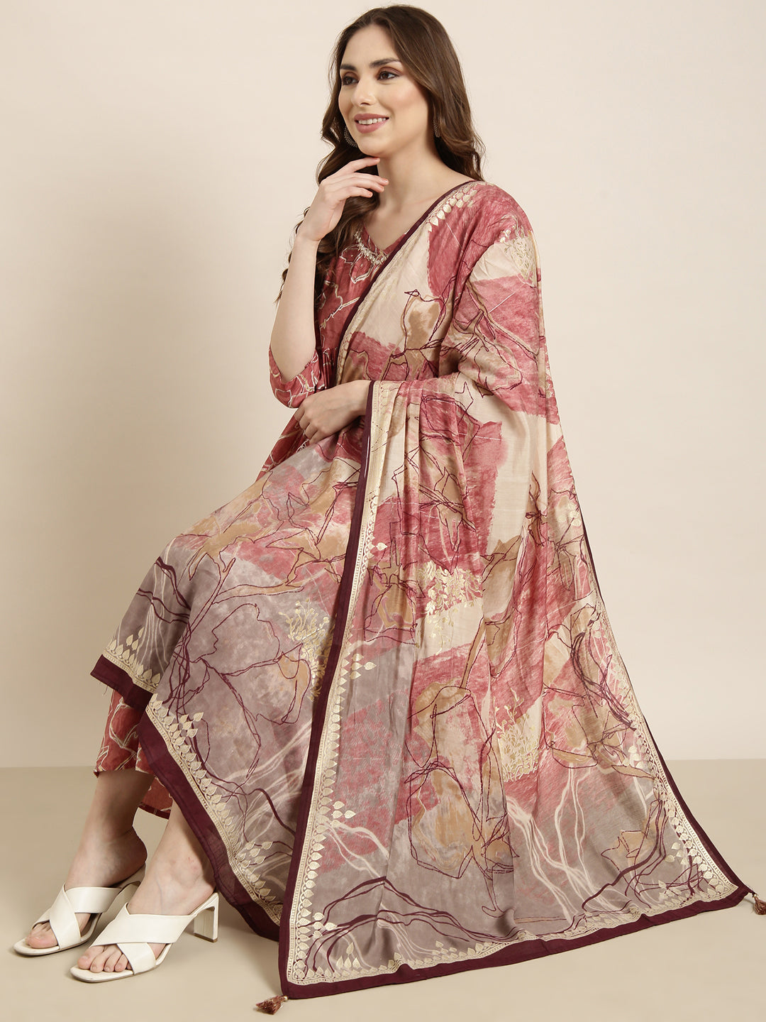 Women Anarkali Peach Abstract Kurta and Trousers Set Comes With Dupatta