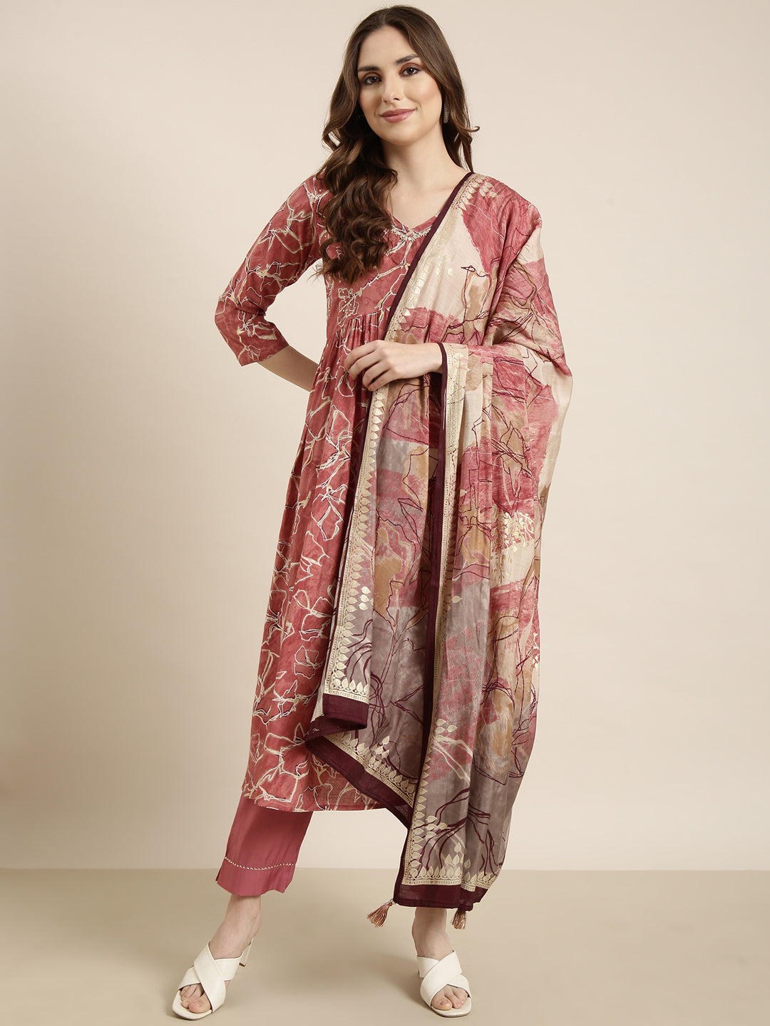 Women Anarkali Peach Abstract Kurta and Trousers Set Comes With Dupatta