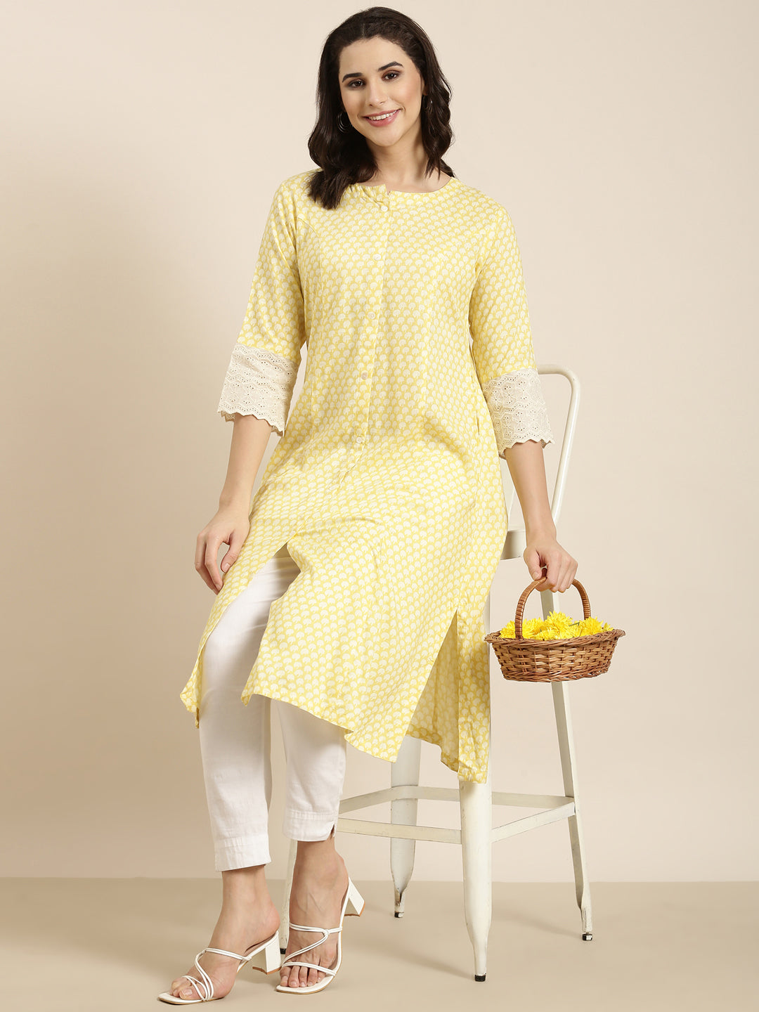 Women A-Line Yellow Abstract Kurta