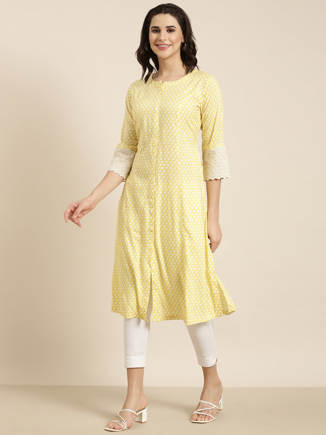 Women A-Line Yellow Abstract Kurta