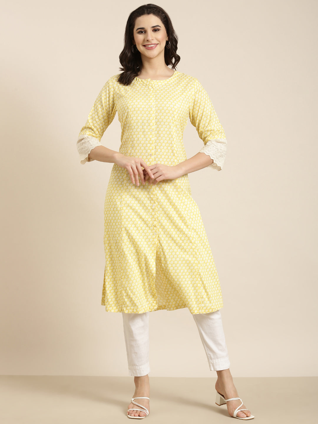 Women A-Line Yellow Abstract Kurta