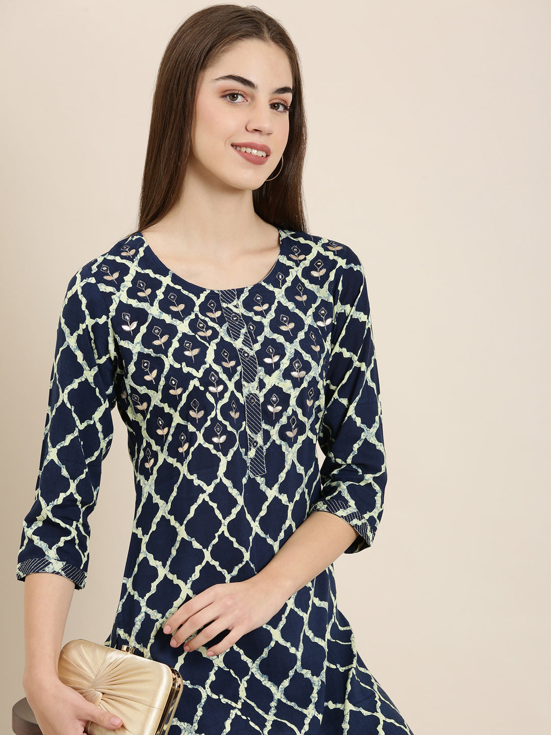 Women Navy Blue Geometrical Straight Kurta