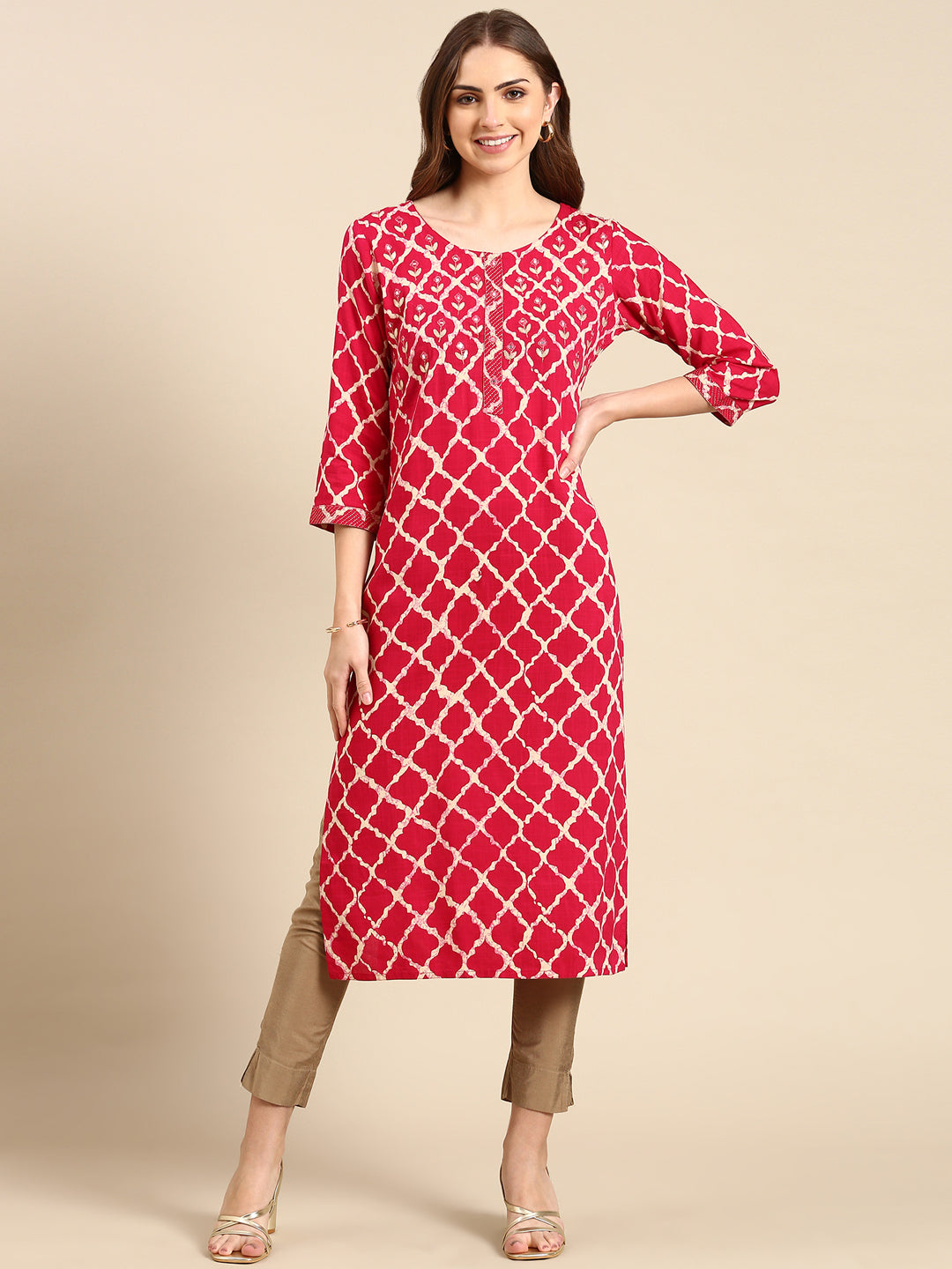 Women's Magenta Printed Straight Kurta