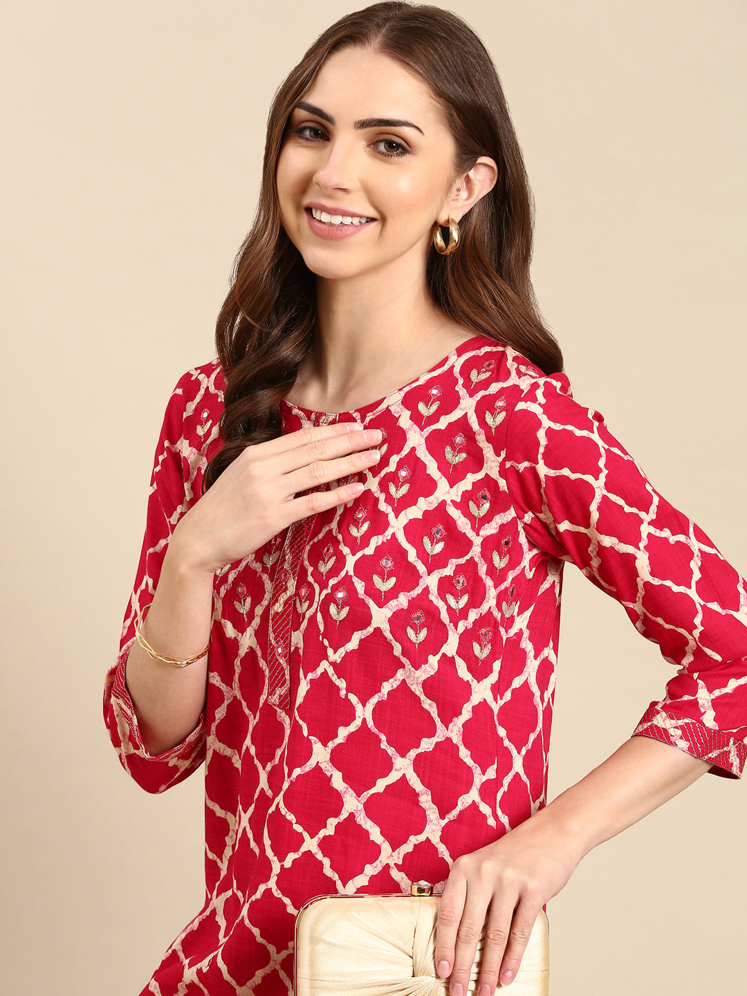 Women's Magenta Printed Straight Kurta