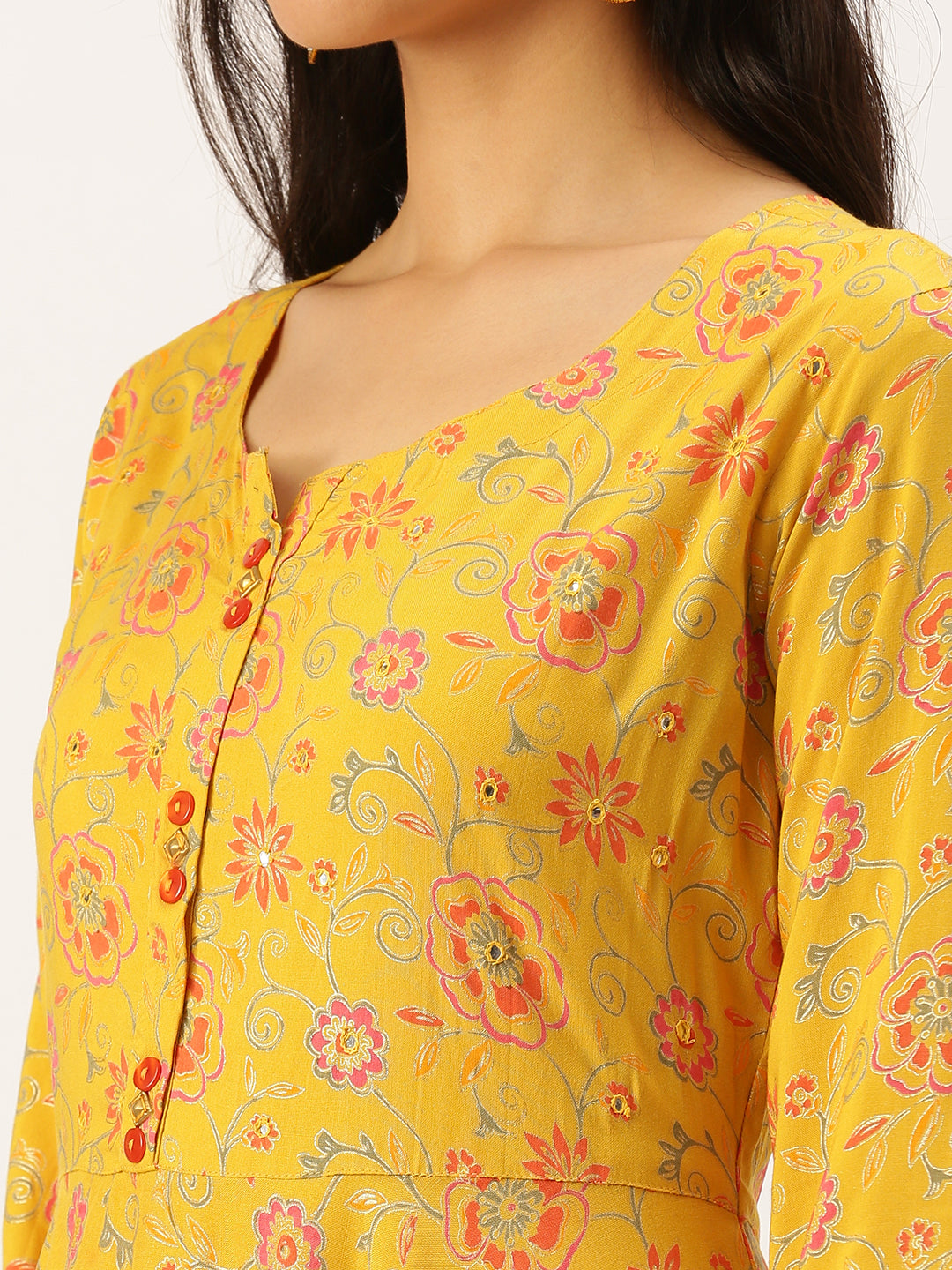 Women's Yellow Printed Anarkali Kurtas