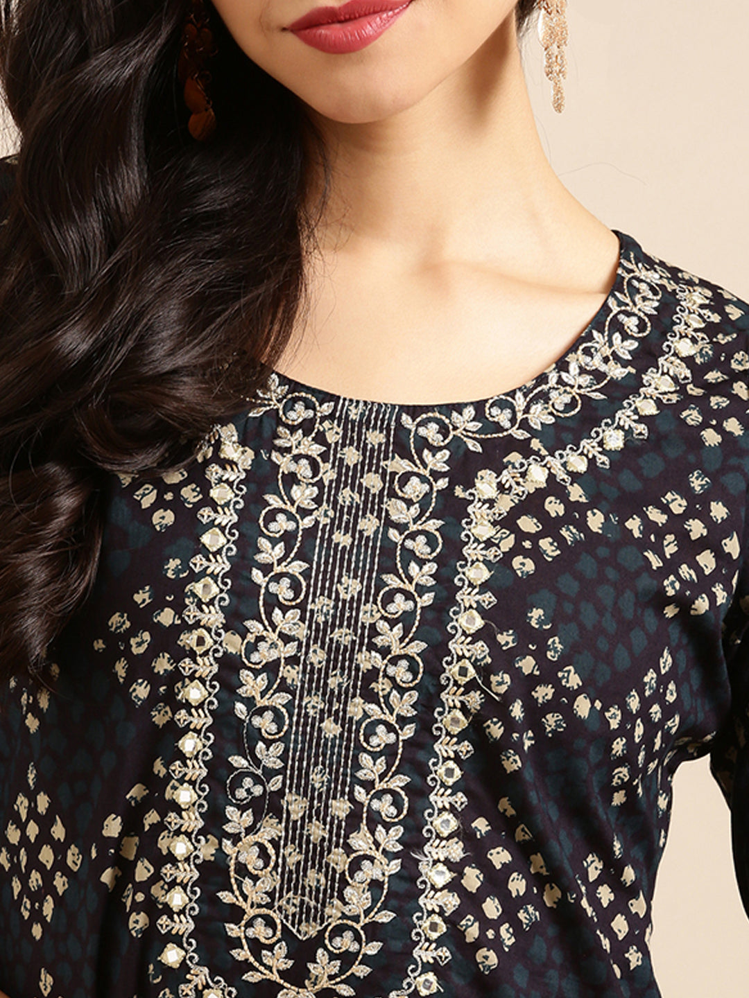 Women's Navy Blue Printed Straight Kurta