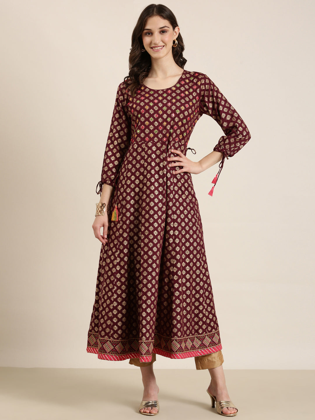 Women Maroon Geometrical Anarkali Kurta