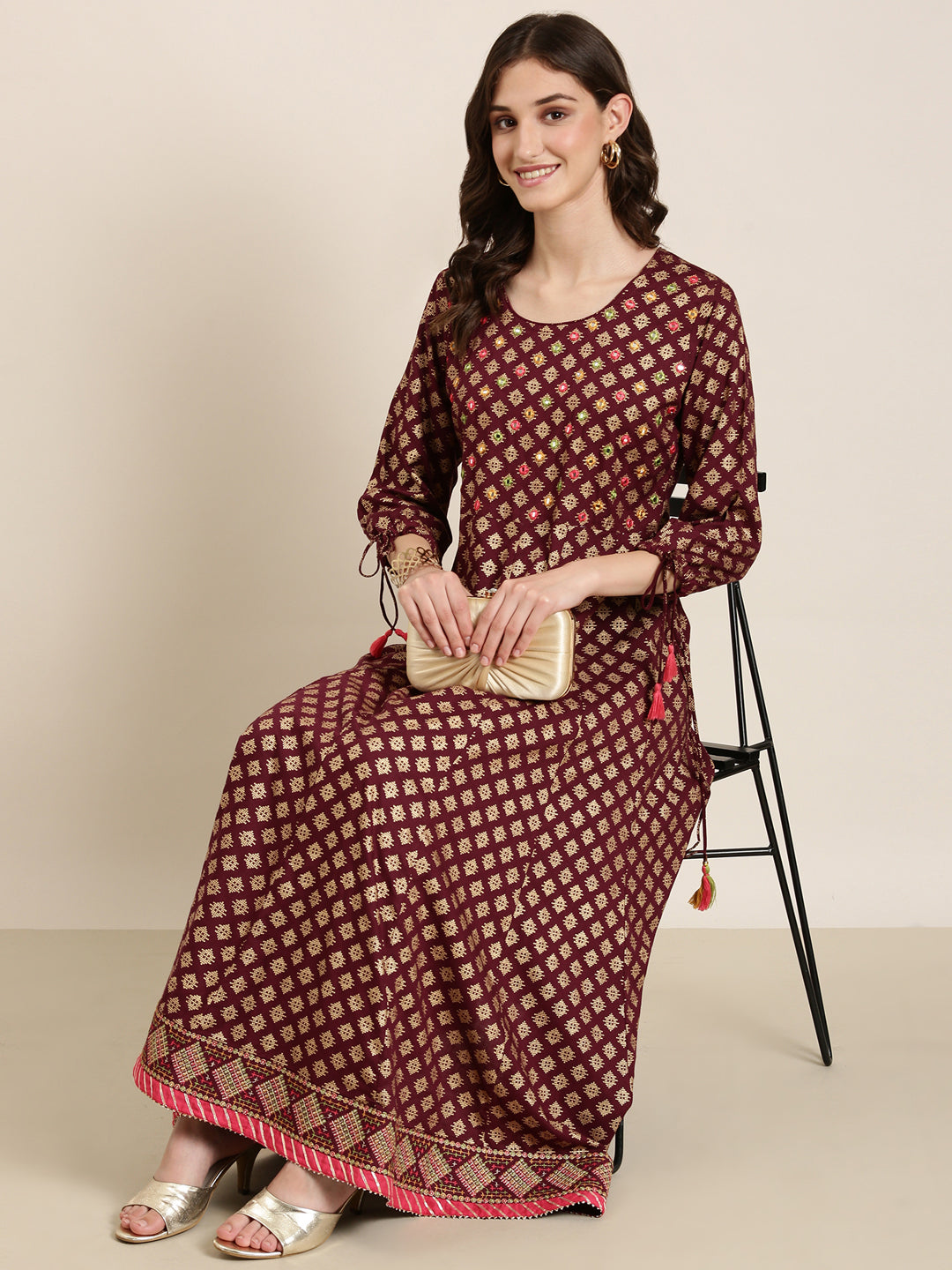 Women Maroon Geometrical Anarkali Kurta