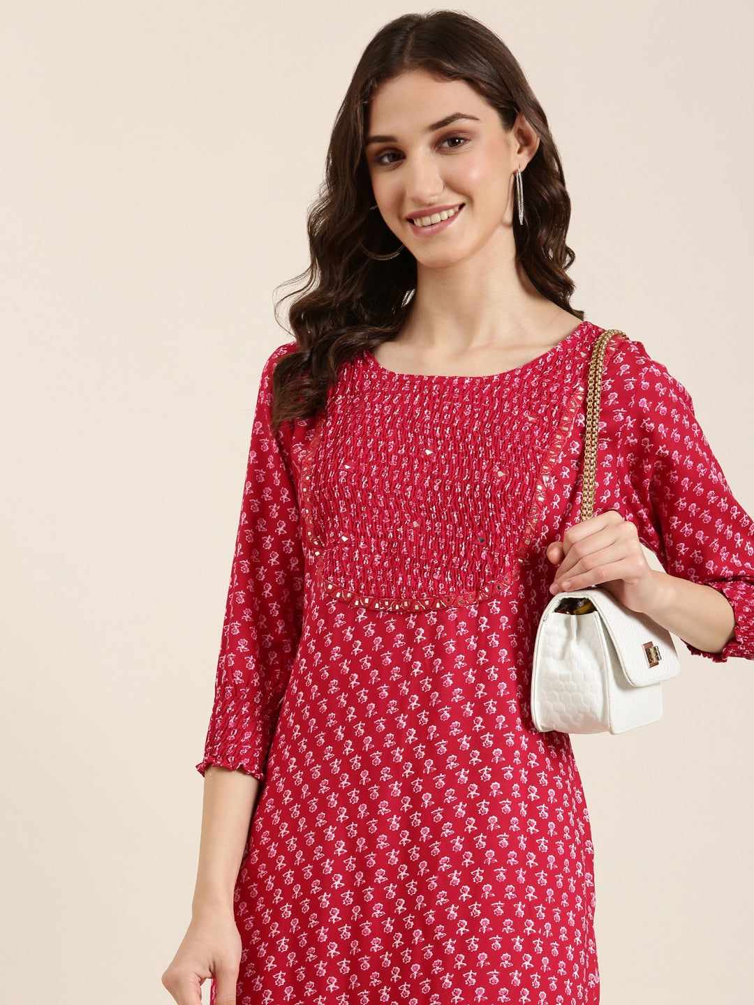 Women Fuchsia Floral Straight Kurta