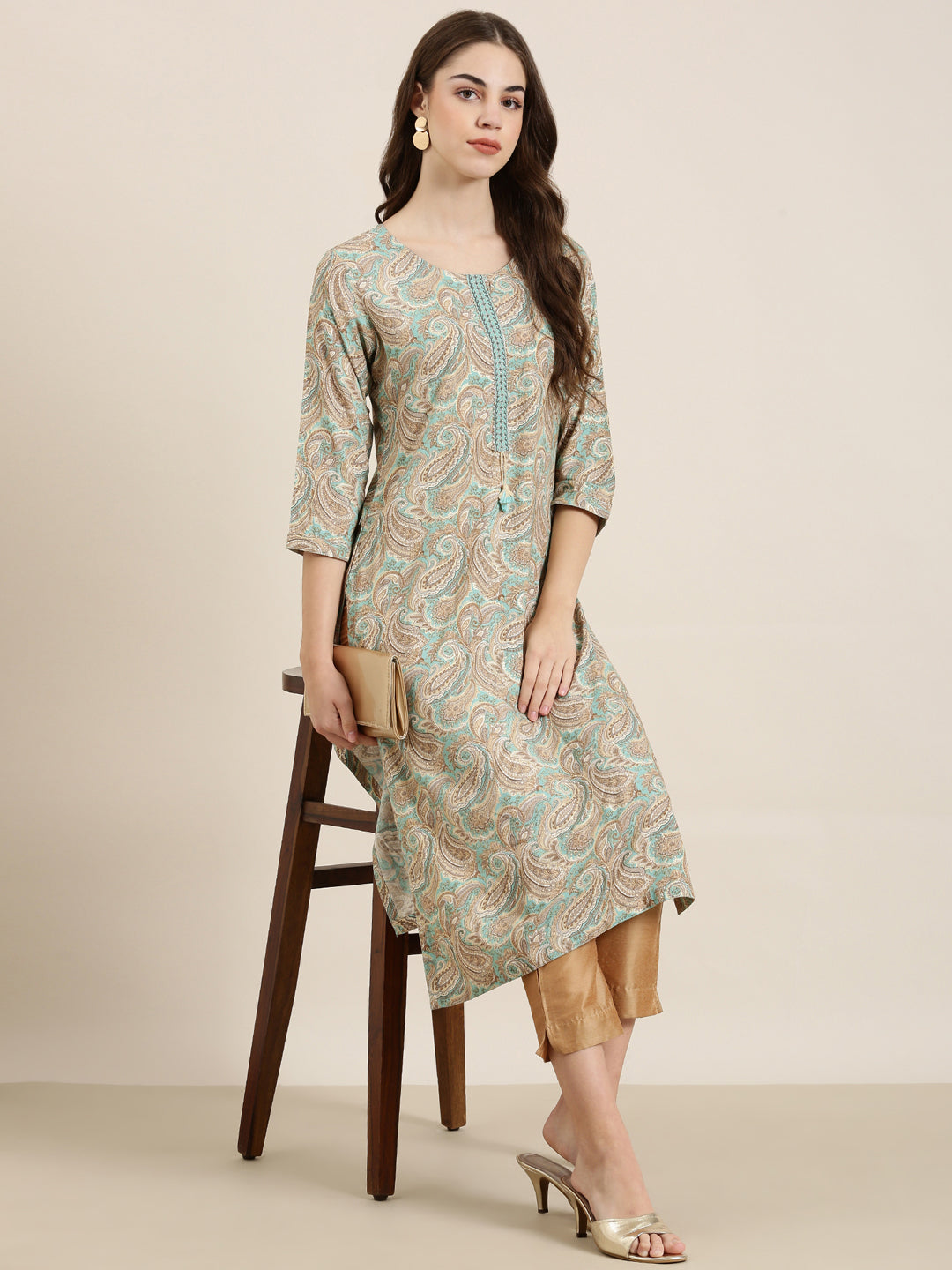 Women Sea Green Paisley Straight Kurta