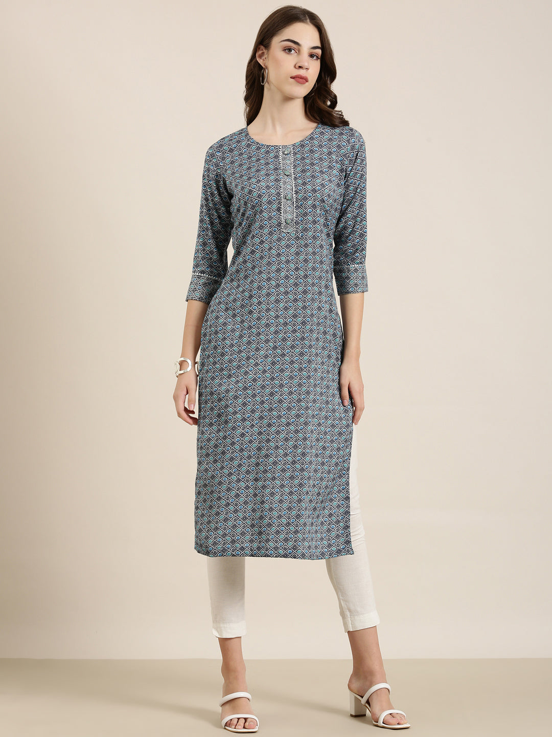 Women Navy Blue Printed Straight Kurta