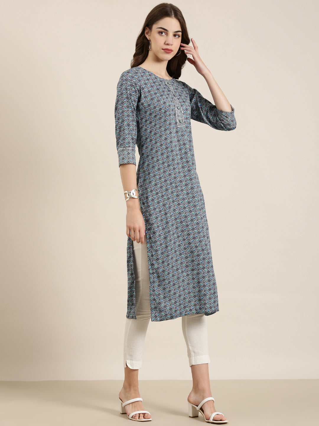 Women Navy Blue Printed Straight Kurta